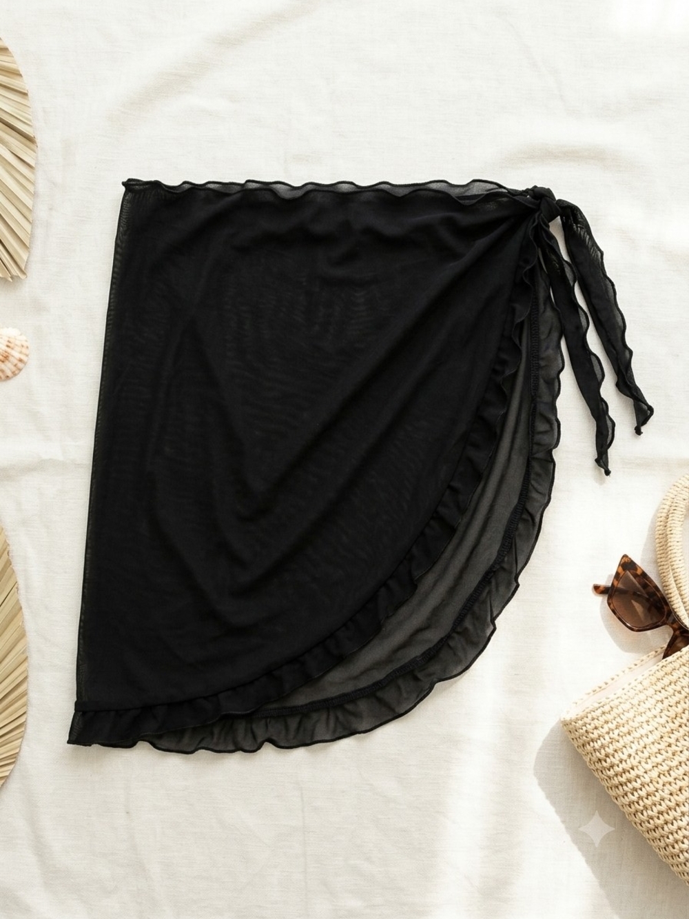 Black Ruffle Tie-Side Swim Sarong Cover-Up